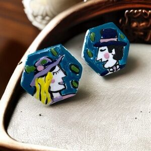 Artisan Signed LONNIE LOVNESS Hand Crafted Ceramic Painted Pierced Earrings